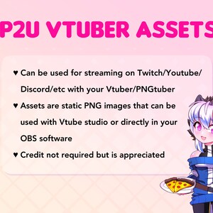 May include: A digital illustration of a cartoon character with purple hair and cat ears, wearing a blue and white sweater, holding a plate of pizza. The text "P2U VTUBER ASSETS" is at the top of the image. The text below the image reads: "Can be used for streaming on Twitch/Youtube/Discord/etc with your Vtuber/PNGtuber. Assets are static PNG images that can be used with Vtube studio or directly in your OBS software. Credit not required but is appreciated."