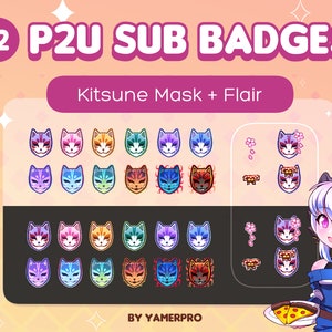 12 P2U Cute Kitsune Mask Twitch Sub or Bit Badges + Bonus Flairs | Kawaii Japanese Fox | For Twitch/Youtube/Discord Streamers | Icons