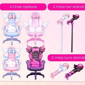 May include: Four different gaming chair options with pink, blue, and black accents. Two pink microphones with stands and two pink microphones without stands.