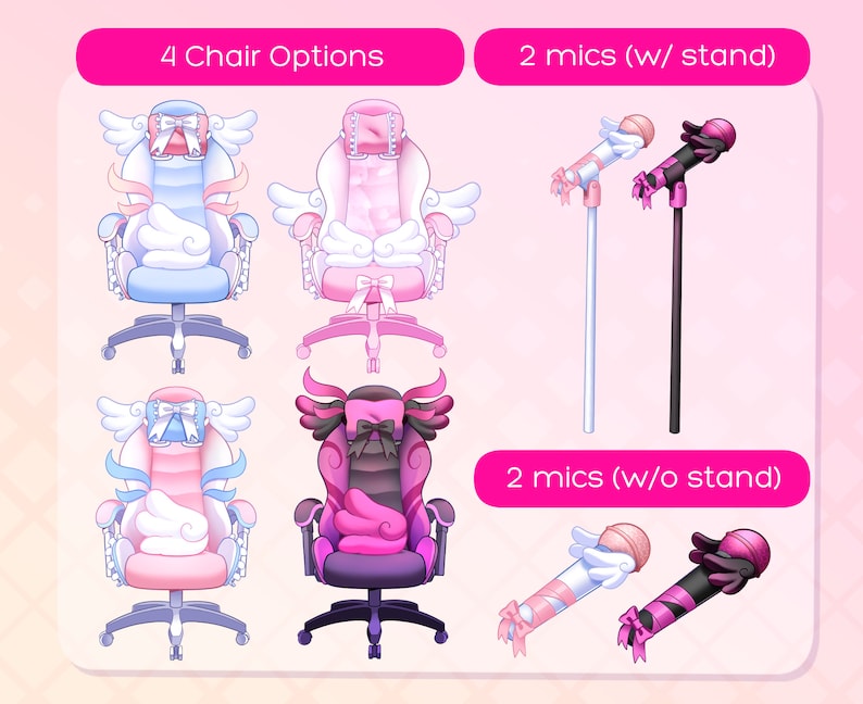 May include: Four different gaming chair options with pink, blue, and black accents. Two pink microphones with stands and two pink microphones without stands.