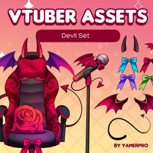 Cute Kawaii Vtuber Devil Assets Pack Dark Demon Wings, 4 chairs, 2 mics, bows, hair clip, tail, flame Twitch PNGtuber Vtube Studio Streaming