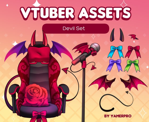 Cute Kawaii Vtuber Devil Assets Pack Dark Demon Wings, 4 chairs, 2 mics, bows, hair clip, tail, flame Twitch PNGtuber Vtube Studio Streaming