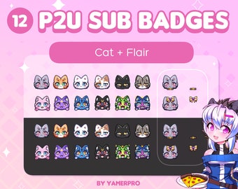 12 P2U Cute Cat Twitch Sub or Bit Badges + Bonus Flairs | Kawaii Kitty Kitten icon | For Twitch/Youtube/Discord Streamers | Icons