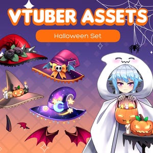 Cute Kawaii Vtuber Halloween Assets Pack | Ghost Witch Hat Wings Cat Pumpkin Spider Web Bat | Twitch PNGtuber Vtube Studio Streaming