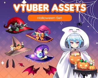 Cute Kawaii Vtuber Halloween Assets Pack | Duch Wiedźma Kapelusz Skrzydła Kot Dynia Pajęczyna Nietoperz | Twitch PNGtuber Vtube Studio Streaming