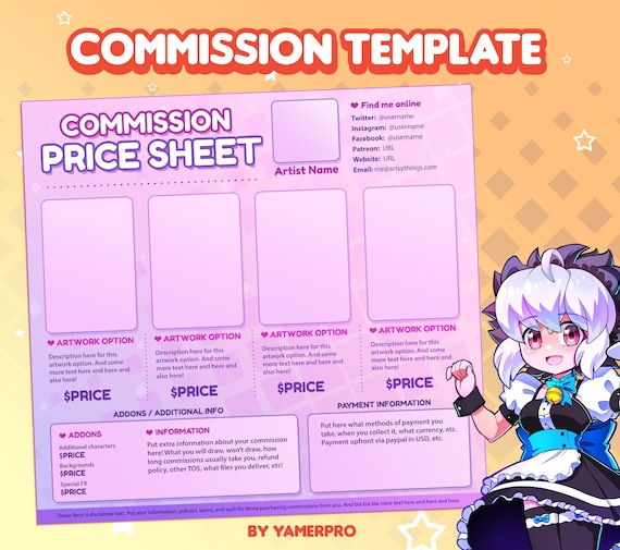 Easy DIY Custom Pricing Commission Sheet Template for Artists, Crafters, Freelancers Cute Kawaii "Sugar Bunny" Soft Pastel Theme | Photoshop