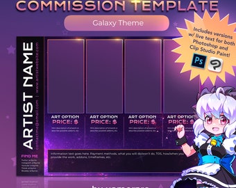 Easy DIY Custom Pricing Commission Sheet Template for Artists/Freelancers | Galaxy Colorful Space Theme | Photoshop & Clip Studio Paint
