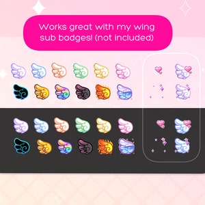 May include: A set of 20 digital illustrations of wings in various colors, including white, blue, green, orange, yellow, and purple. The wings are arranged in two rows of ten, with the top row on a white background and the bottom row on a black background. The text "Works great with my wing sub badges! (not included)" is displayed at the top of the image.