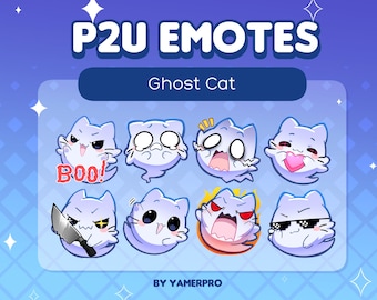 8 Chibi Süße Kawaii Geist Katze Emote Pack | Halloween | Aufkleber Icons | Discord, Twitch, Youtube, Streamen | Gruseliger Geist