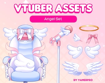 Słodkie Kawaii Vtuber Angel Assets Pack Pastel Chibi Wings, 4 krzesła, 2 mikrofony, kokardy, spinki do włosów, aureola Twitch PNGtuber Vtube Studio Streaming