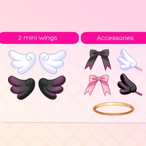 May include: Two sets of wings, one white and one black, and a set of accessories including a halo, two bows, and two more wings. The text "2 mini wings" and "Accessories" are at the top of the image.