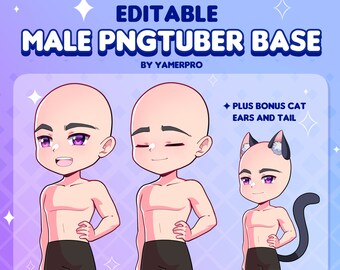 DIY Editable Cute Kawaii Chibi Male PNGtuber Base | Anime Streamer | Layered PSD File | Cat Ears Artist Asset | Twitch Youtube Discord