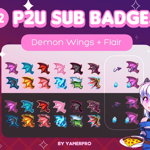 12 P2U Cute Demon Wings Twitch Sub or Bit Badges + Bonus Flairs | Kawaii Devil Colorful Wings | For Twitch/Youtube/Discord Streamers | Icons