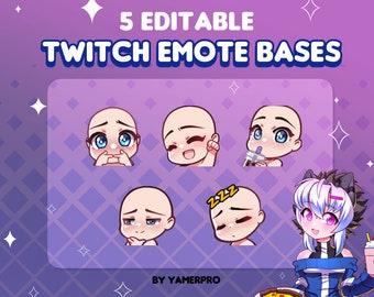 May include: Five editable Twitch emote bases featuring cartoon characters with different expressions. The bases are designed for use in online streaming and chat.