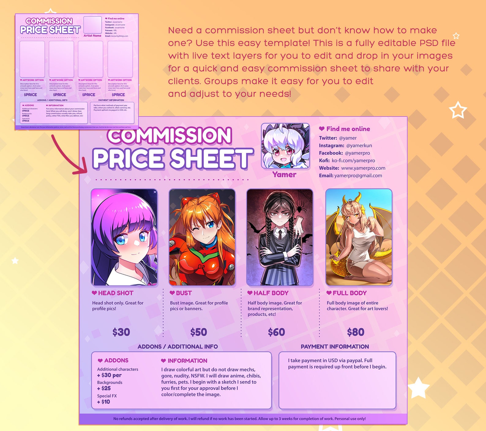 Easy DIY Custom Pricing Commission Sheet Template for Artists, Crafters ...