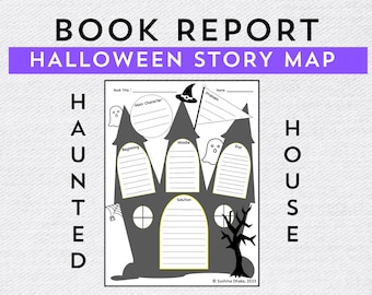 May include: A printable Halloween story map worksheet in the shape of a haunted house. The worksheet includes sections for the book title, main character, problem, beginning, middle, solution, and end. The text "Haunted House" is written vertically on the left and right sides of the worksheet.