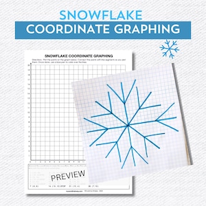 May include: A worksheet titled "Snowflake Coordinate Graphing" with a blue snowflake drawing. The worksheet includes a grid for plotting points and the word "Preview" at the bottom. The title is in a blue banner.