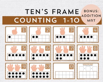 Tens Frame 0-10 Counting Flashcards Printable, Finger Counting and Subitizing Numerals Math Worksheet, Addition Mat