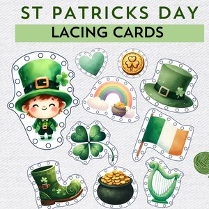St Patricks Day Schnürkarten zum ausdrucken, Feinmotorik Aktivität, Kleinkind Vorschule beschäftigt Taschen, Kobold, Kleeblatt Sofort Download PDF