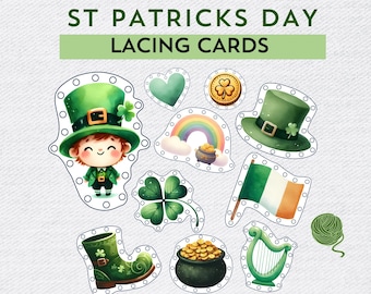 Tarjetas de encaje imprimibles para el Día de San Patricio, actividad de motricidad fina, bolsas de actividades para niños en edad preescolar, duende, trébol, descarga instantánea en PDF.