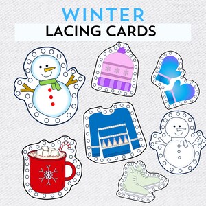 May include: Colorful winter-themed lacing cards featuring a snowman, hat, mittens, sweater, mug of hot cocoa, ice skates, and another snowman. The cards have a white border with holes for lacing. The words "WINTER LACING CARDS" are at the top.