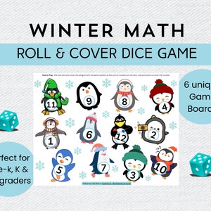 Jeu de dés mathématiques hiver, reconnaissance des nombres, nombre de rouleaux et couverture, sens et addition des nombres pingouin imprimable, centres de maternelle préscolaire
