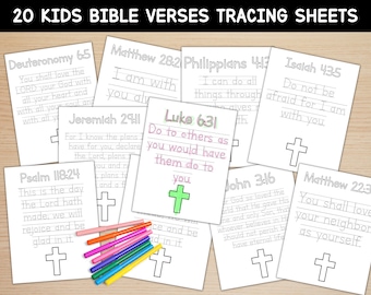 20 Bible Verses Tracing Sheets | Digital Download Tracing Practice | Teach Bible Verses | Bible School | Kids Bible Practice | Sunday School