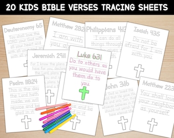 20 Bible Verses Tracing Sheets | Teach Bible Verses | Vacation Bible Schoo Activity | Kids Bible Practice | Sunday School Activity