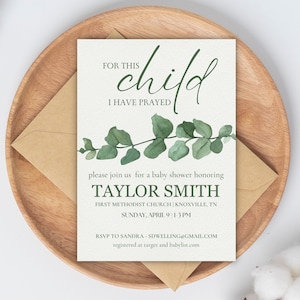 Green Leaf Christian Baby Shower Invite | Customizable Template | Digital Download | For This Child I Have Prayed | Green Baby Shower Invite