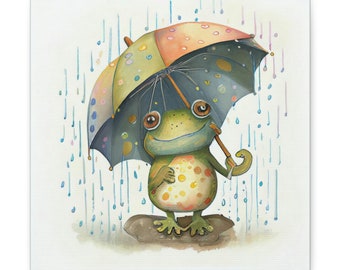 A frog in the rain with an umbrella. Cute, whimsical children's artwork