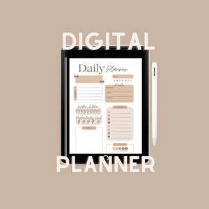 Puede incluir: Una aplicación de agenda digital en una tableta con un lápiz. La aplicación tiene un diseño de agenda diaria con secciones para tareas, notas e ingesta de agua. El texto "Daily Planner" está en la parte superior de la pantalla.
