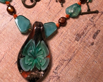 Beautiful Green and Copper Blown Glasswork beaded Necklace and Earring Set