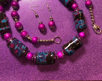 OOAK handmade extra long 38 inch Polymer Clay Necklace and Earring Set.