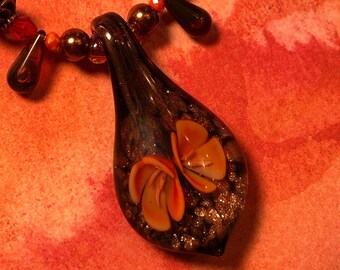 Beautiful Carmel Brown and Orange Blown Glasswork beaded Necklace and Earring Set