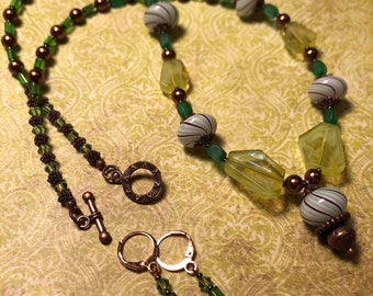 Beautiful Green and Copper Blown Glass Lantern beaded Necklace and Earring Set