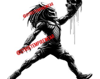 3 immagini di Predator e 1 di Alien Jumpman per i fan del film/sport, sfondo trasparente (solo esempio di mockup di maglietta), fan del film Predator/Alien.