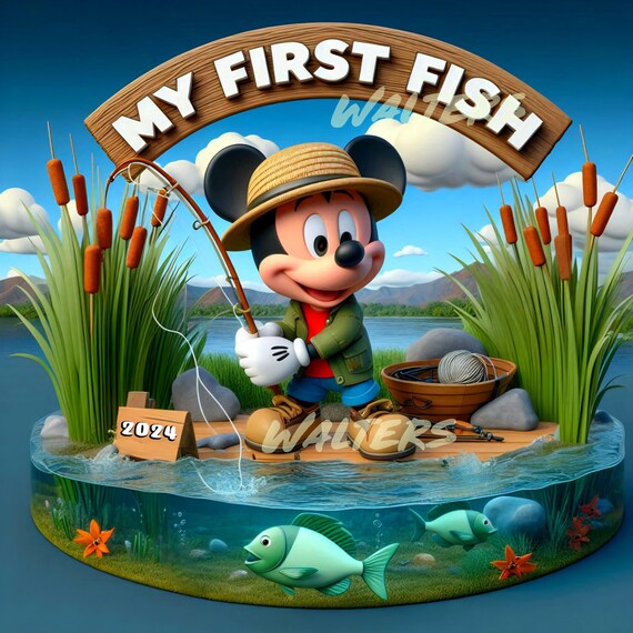 インテリア雑貨　置物　ミッキーマウス　釣り ミッキーマウスと一緒に初めての魚釣り。初めての釣果を祝い、思い出を