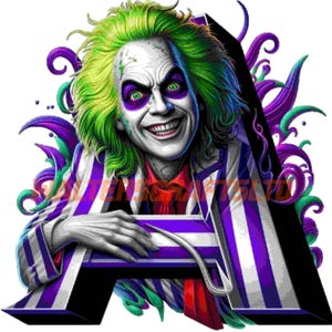 May include: A green-haired character with a sinister smile, wearing a purple and white striped suit, is partially obscured by a large purple and white striped letter A. The character's eyes are green and the background is a swirling pattern of purple, green, and white.