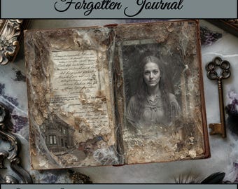 May include: An open, antique-style journal with aged pages and a portrait of a woman. The journal is covered in cobwebs, with the text "Haunted Manor Forgotten Journal" at the top. The bottom text reads "SET OF 48 JUNK JOURNAL PAGES + BONUS 11" X 8.5" AT 300 DPI INSTANT DOWNLOAD".