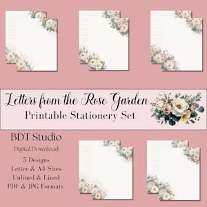 Rose Printable Writing Stationary and Envelope, Rose Floral Paper Set, Lined/Unlined, A4/US Letter, Digital Download, Romantic Vintage Style