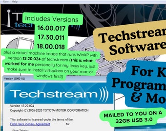 Toyota Techstream Car Full Kit on 32GB USB 3.0 Versions 16.00.017, 17.30.011, 18.00.018 & XP VM with V12.20.024 Drivers + Patch Included