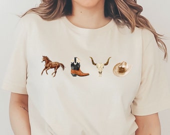 T-shirt da cowboy occidentale, camicia con teschio di mucca, maglietta da concerto country, camicia con teschio di mucca Boho, camicia unisex vintage selvaggio west, camicia con stivali da cowgirl, western