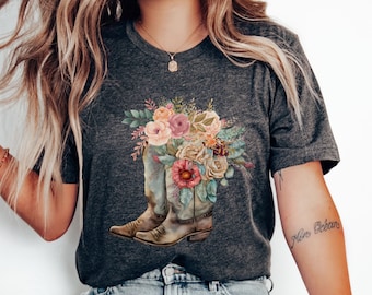 Cowboy boots shirt,Western T-Shirt, Gift for her,Floral Graphic shirt,Cute Cowboy shirt,Cute Wildflower shirt,Womens Crewneck Tee,Cowgirl