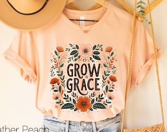 Christian Tee,Grow in Grace Christian Shirt,Floral Christian Shirt,Bible Verse T-Shirt,Christian Wildflower Tee,Boho Christian Shirt