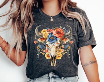 Camicia floreale con teschio di mucca, T-shirt con teschio di mucca Boho, Camicia con teschio di mucca, Camicia country, T-shirt grafica occidentale per le donne, TShirt Southwest Longhorn Buffalo