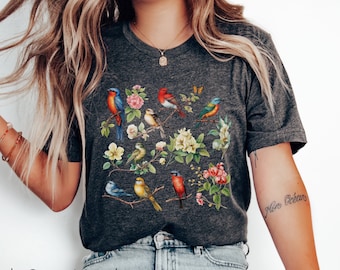 Bird butterfly and flower shirt,Cottagecore birds and blooms t-shirt,bird and flower watercolor shirt,Cottage Core flower tee for women