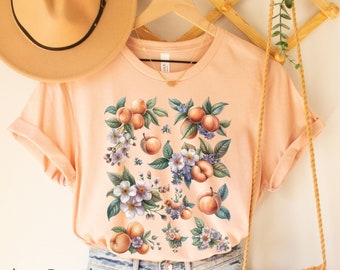Peaches Shirt,Cottagecore Clothing,Botanical Shirt,Vintage Cottagecore Shirt,Fruit TShirt,Fairycore Shirt,Aesthetic Clothing,Wildflower Tee