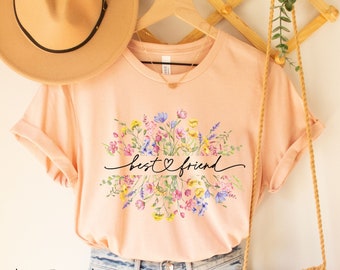 Vildblomma bästa vän-tröja, blom-tröja, mors dag-present, matchande t-shirts för vänner, present till henne, blommig grafisk t-shirt, vildblomma-tröja, present till vän