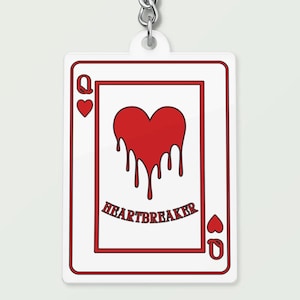 Llavero Rompecorazones: Llavero acrílico de Reina de Corazones, naipe con corazón rojo goteando, regalo anti-San Valentín, estética de chica triste