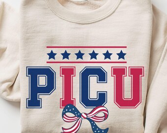 4th of July PICU Coquette Bow Sweatshirt, Pediatric icu Nurse Crewneck, PICU RN Patriotic Pullover, Pediatrics Nurse Sweater, Fourth of July